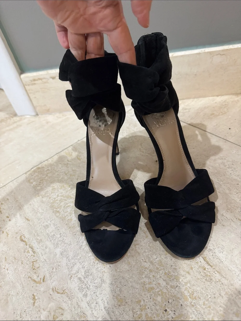 Vince Camuto Black Suede Bow Ankle-Strap Stilettos